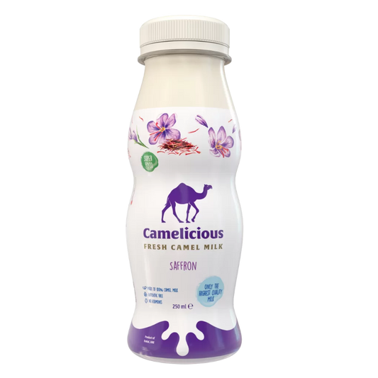 Bottle of Camelicious Fresh Camel Milk Saffron flavor, 250ml, featuring saffron flower illustrations and the brand’s purple camel logo on a white background.