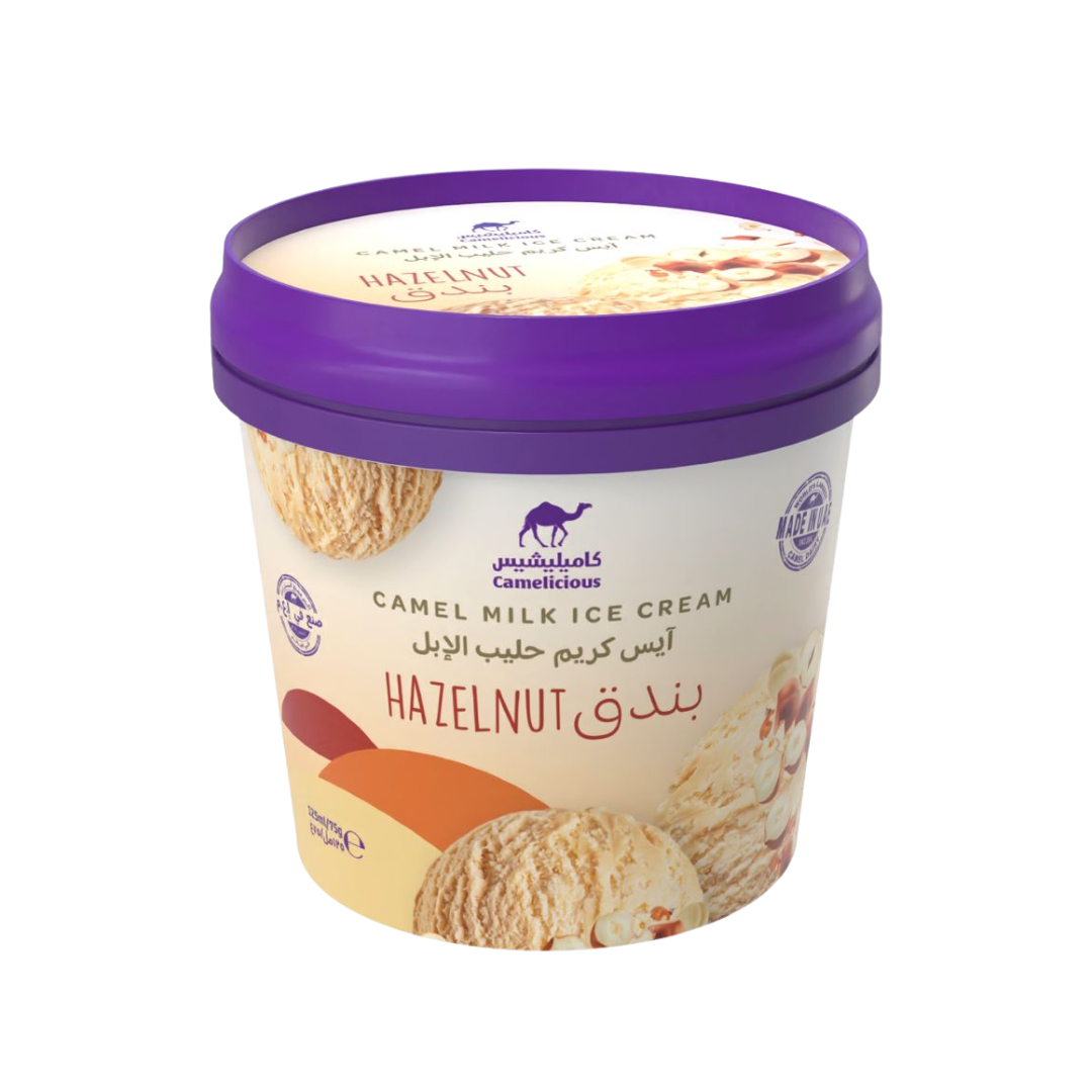 Camelicious Hazelnut Camel Milk Ice Cream 125ml tub with camel logo and image of hazelnuts on the label.