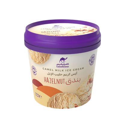 Camelicious Hazelnut Camel Milk Ice Cream 125ml tub with camel logo and image of hazelnuts on the label.