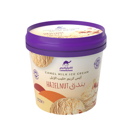 Camelicious Hazelnut Camel Milk Ice Cream 125ml tub with camel logo and image of hazelnuts on the label.