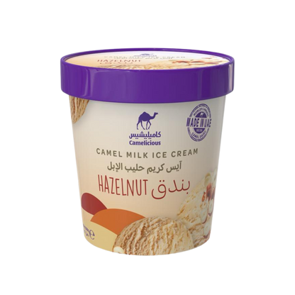 Camelicious Hazelnut Camel Milk Ice Cream 400ml tub with purple lid, showing hazelnut and ice cream scoop illustration on the front label.