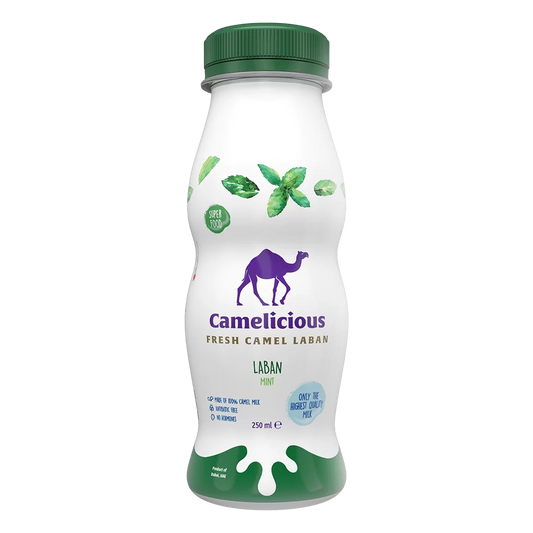Camelicious Fresh Camel Laban Mint Flavor 250ml bottle, featuring a green cap and mint leaves on the label, made from 100% camel milk and labeled as a superfood.