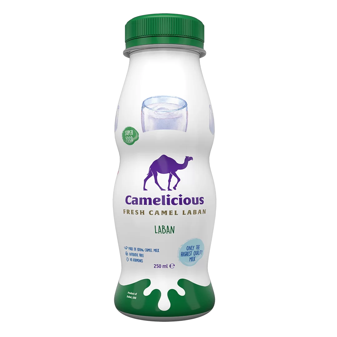Camelicious Fresh Camel Laban Plain 250ml bottle with green cap and white packaging featuring the purple camel logo and “Super Food” label, made from 100% camel milk with no hormones or additives.