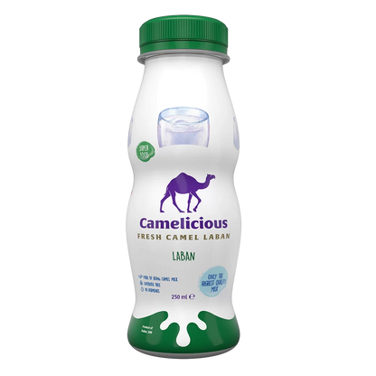 Camelicious Fresh Camel Laban Plain 250ml bottle with green cap and white packaging featuring the purple camel logo and “Super Food” label, made from 100% camel milk with no hormones or additives.