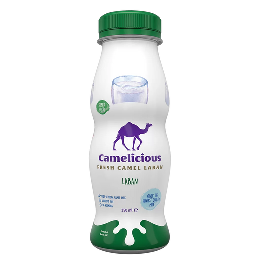 Camelicious Fresh Camel Laban Plain 250ml bottle with green cap and white packaging featuring the purple camel logo and “Super Food” label, made from 100% camel milk with no hormones or additives.