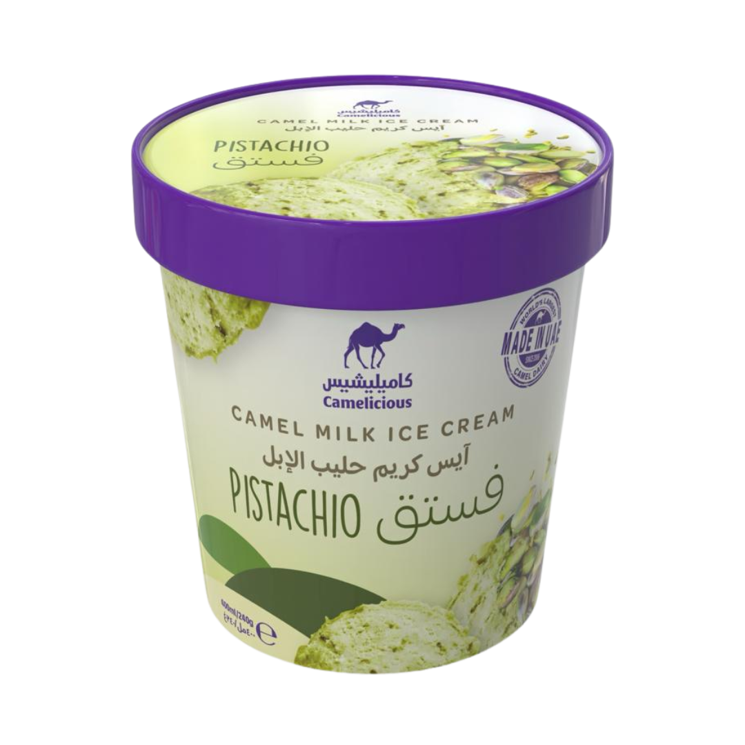 Camelicious Pistachio Camel Milk Ice Cream 400ml tub with a purple lid, featuring pistachio ice cream and pistachio nuts on the label.