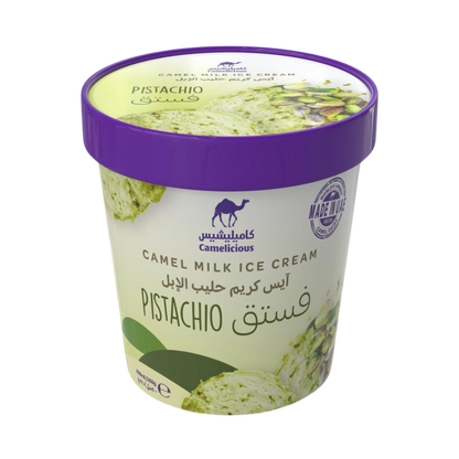 Camelicious Pistachio Camel Milk Ice Cream 400ml tub with a purple lid, featuring pistachio ice cream and pistachio nuts on the label.