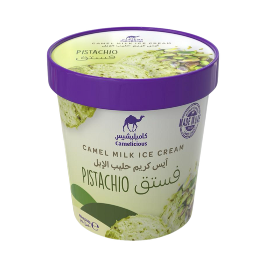Camelicious Pistachio Camel Milk Ice Cream 400ml tub with a purple lid, featuring pistachio ice cream and pistachio nuts on the label.