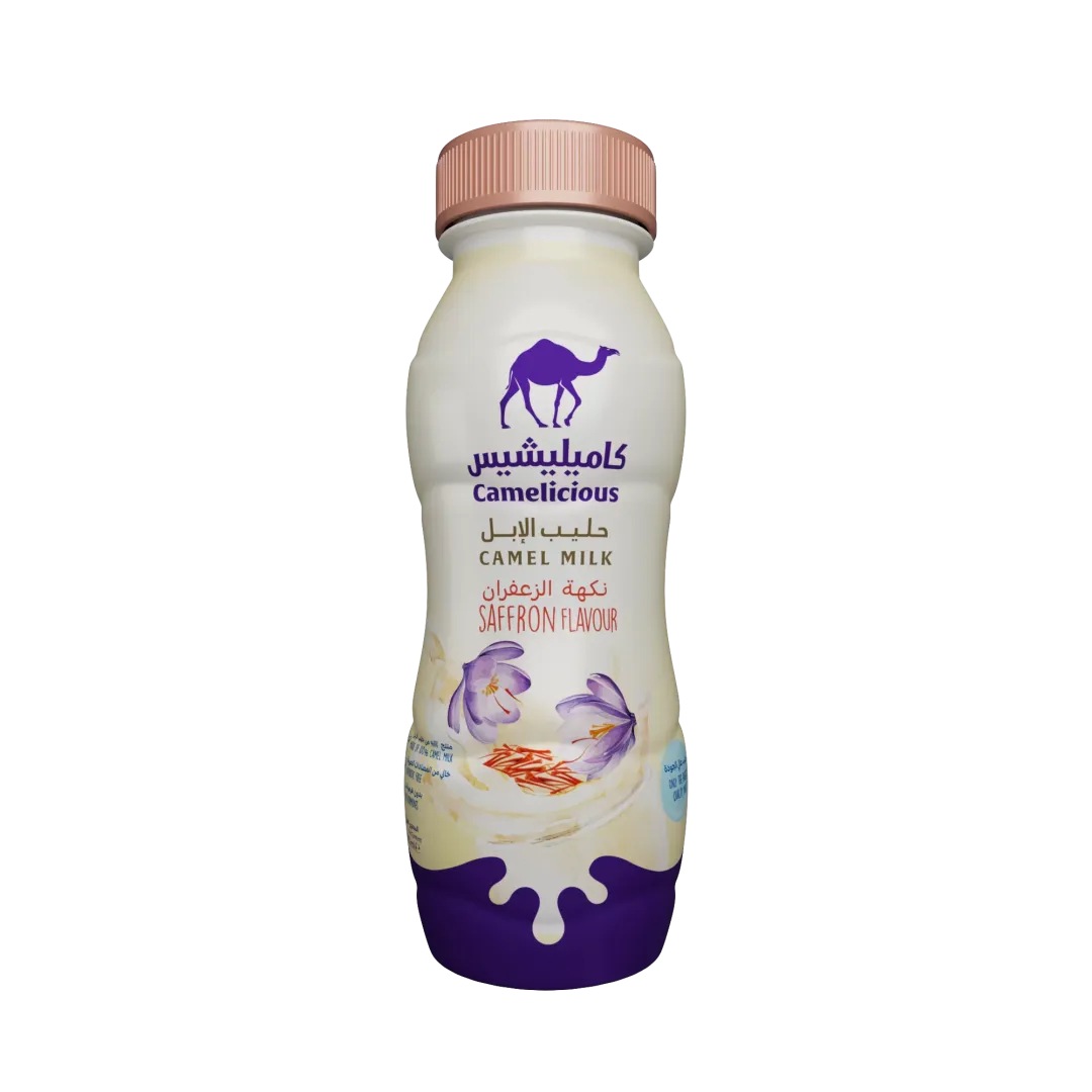 Camelicious Saffron Flavoured Camel Milk 210ml bottle with purple cap and saffron flower design.