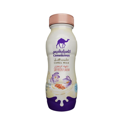 Camelicious Saffron Flavoured Camel Milk 210ml bottle with purple cap and saffron flower design.