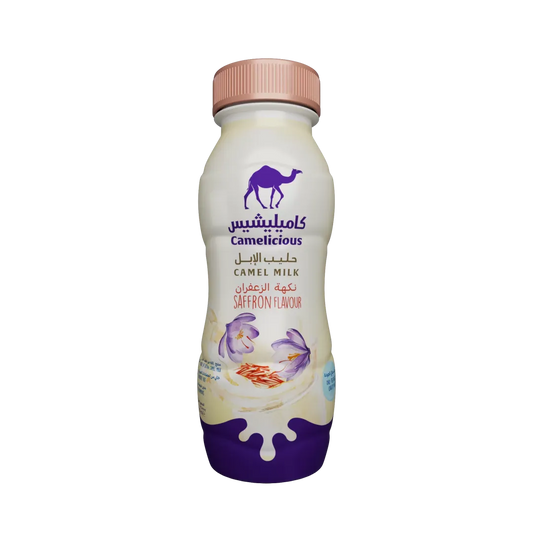 Camelicious Saffron Flavoured Camel Milk 210ml bottle with purple cap and saffron flower design.