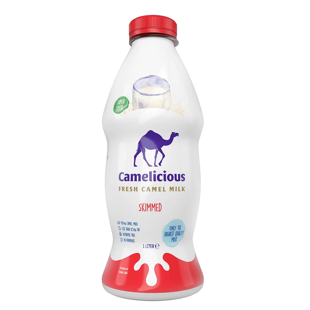 Camelicious Fresh Camel Milk Skimmed 1 Litre bottle with red cap and base, labeled “For Export Only,” featuring a purple camel logo and “Super Food” badge.
