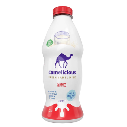 Camelicious Fresh Camel Milk Skimmed 1 Litre bottle with red cap and base, labeled “For Export Only,” featuring a purple camel logo and “Super Food” badge.