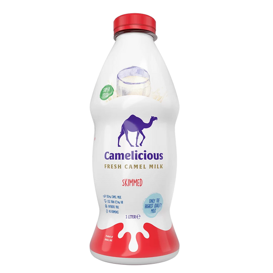 Camelicious Fresh Camel Milk Skimmed 1 Litre bottle with red cap and base, labeled “For Export Only,” featuring a purple camel logo and “Super Food” badge.