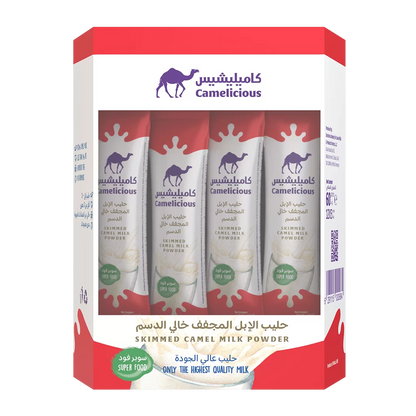Front view of Camelicious Skimmed Camel Milk Powder box containing 12 sachets, featuring red and white packaging with the brand logo and milk splash design.