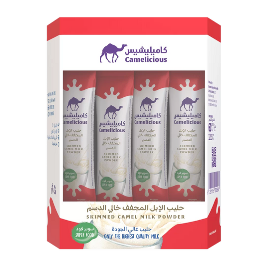 Front view of Camelicious Skimmed Camel Milk Powder box containing 12 sachets, featuring red and white packaging with the brand logo and milk splash design.