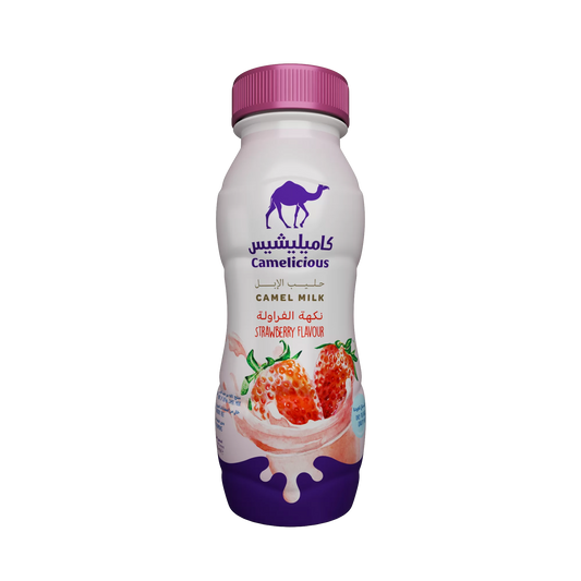 Camelicious Strawberry Flavoured Camel Milk 210ml bottle.