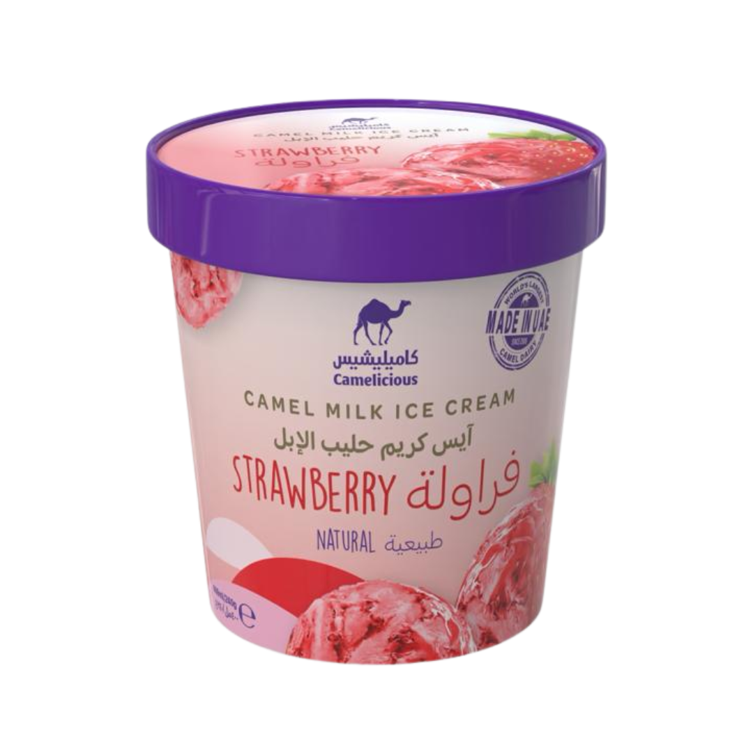 Camelicious Natural Strawberry Camel Milk Ice Cream 400ml tub with purple lid, featuring images of strawberries and a scoop of pink ice cream on the label.