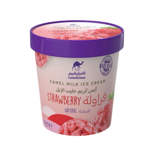 Camelicious Natural Strawberry Camel Milk Ice Cream 400ml tub with purple lid, featuring images of strawberries and a scoop of pink ice cream on the label.