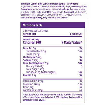 Nutrition facts and ingredients label for Camelicious Natural Strawberry Camel Milk Ice Cream showing 168 calories per 100g, 5g total fat, 26g carbohydrates, and 4.7g protein.