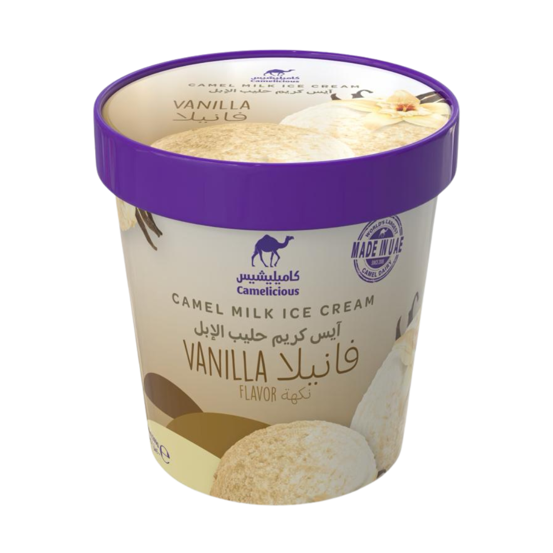 Camelicious Vanilla Camel Milk Ice Cream 400ml tub with purple lid and vanilla flower design on the label.