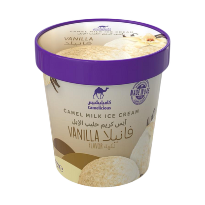 Camelicious Vanilla Camel Milk Ice Cream 400ml tub with purple lid and vanilla flower design on the label.