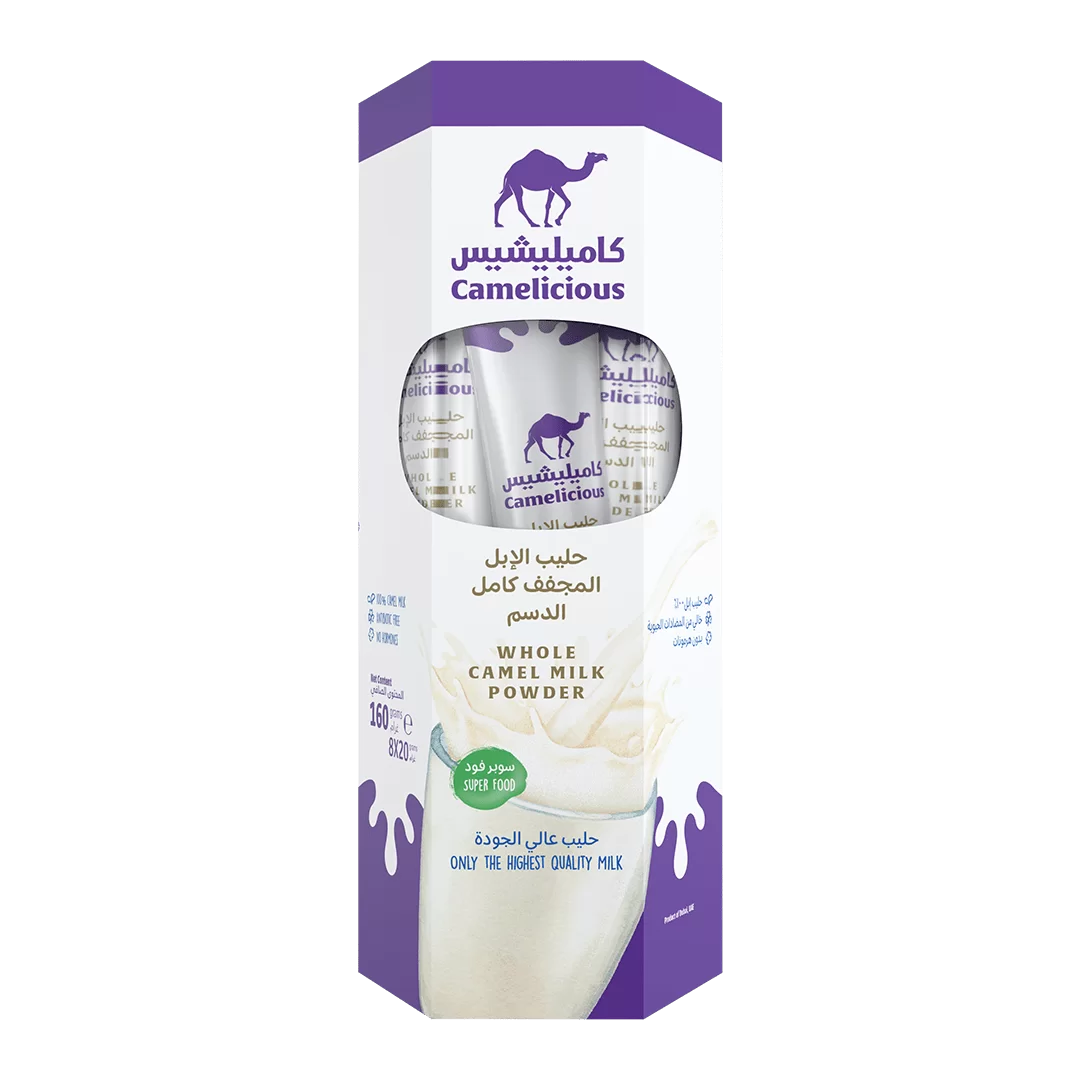Camelicious Whole Camel Milk Powder box containing 8 sachets of 20g each, labeled as superfood and high-quality milk, with purple and white packaging design.