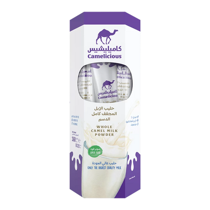 Camelicious Whole Camel Milk Powder box containing 8 sachets of 20g each, labeled as superfood and high-quality milk, with purple and white packaging design.