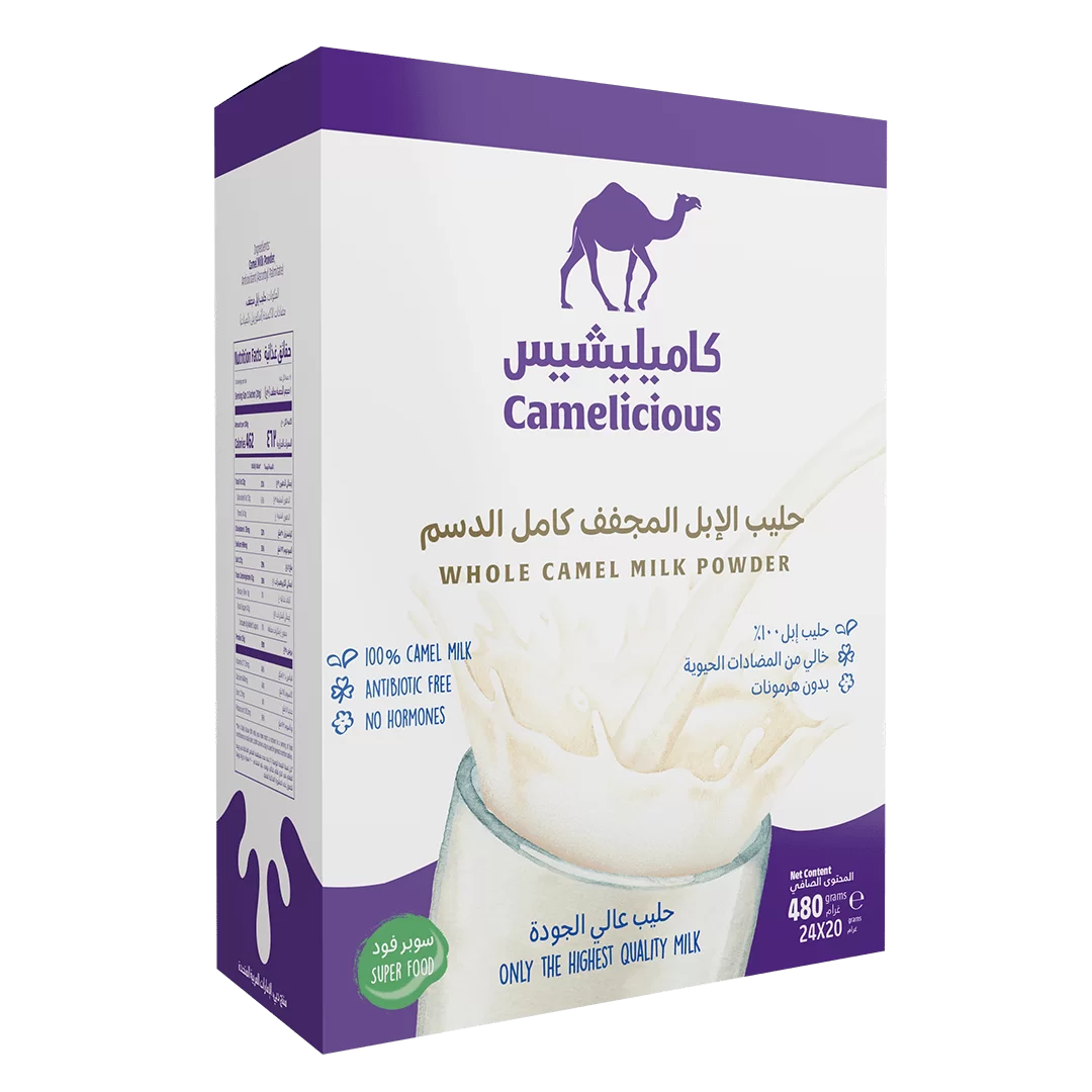 Camelicious Whole Camel Milk Powder box containing 24 sachets of 20g each, labeled as 100% camel milk, antibiotic-free, and hormone-free.