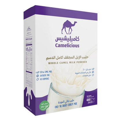 Camelicious Whole Camel Milk Powder box containing 24 sachets of 20g each, labeled as 100% camel milk, antibiotic-free, and hormone-free.