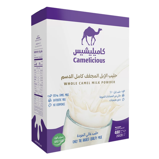 Camelicious Whole Camel Milk Powder box containing 24 sachets of 20g each, labeled as 100% camel milk, antibiotic-free, and hormone-free.