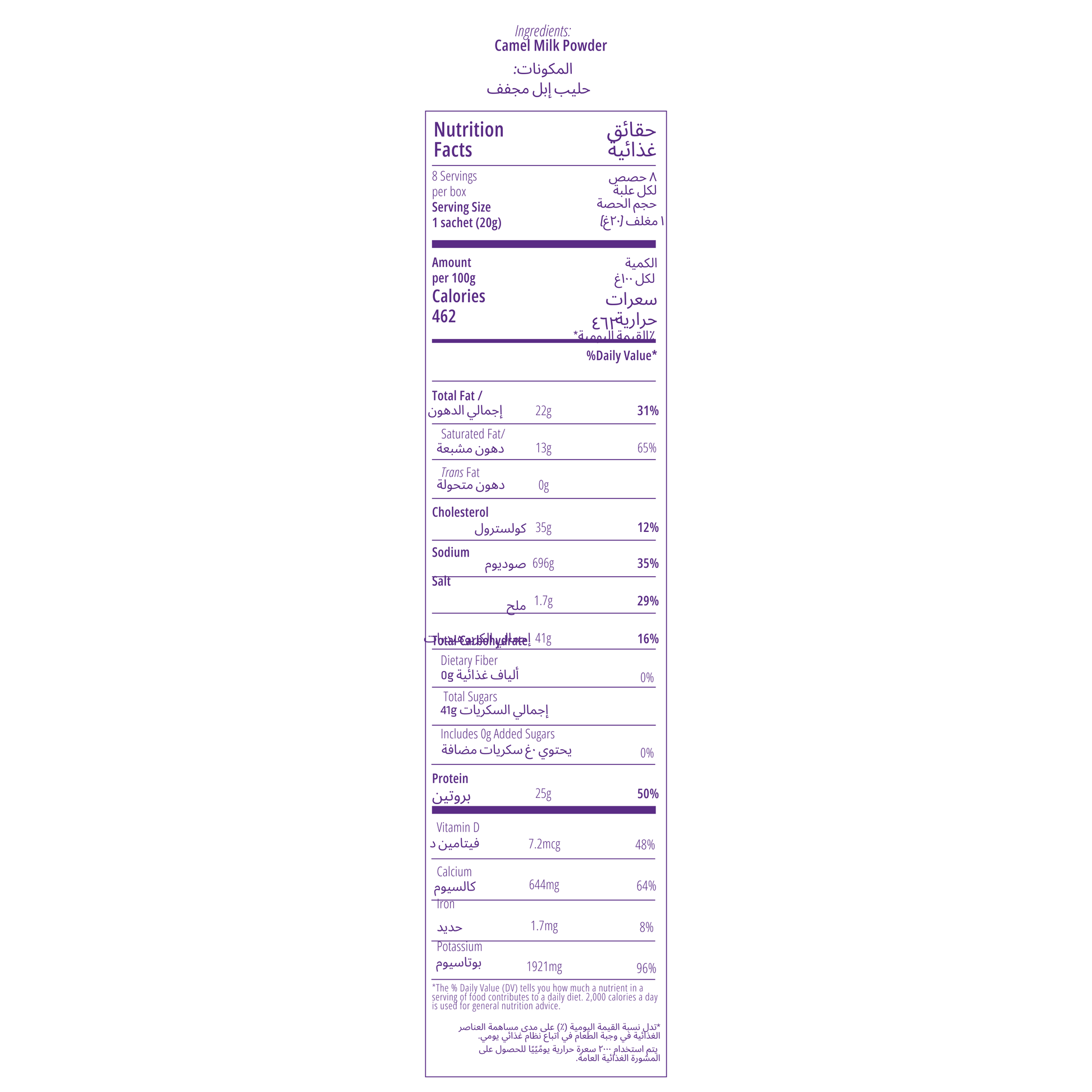 Nutrition facts label for Camelicious Whole Camel Milk Powder showing calories, fat, protein, vitamins, and minerals per 100g and 20g serving size.