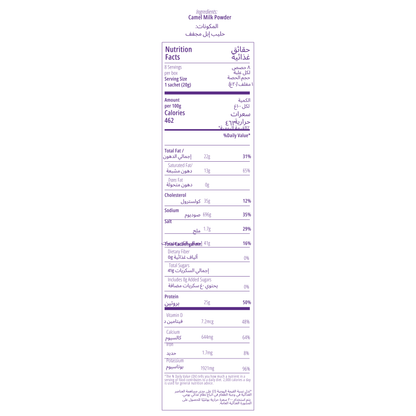 Nutrition facts label for Camelicious Whole Camel Milk Powder showing calories, fat, protein, vitamins, and minerals per 100g and 20g serving size.