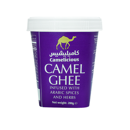 Camelicous Camel Ghee infused with Arabic spices and herbs in a purple 200g container labeled ‘For Export Only’. The product is made from pure camel milk and combines traditional Arabic flavors with premium ghee