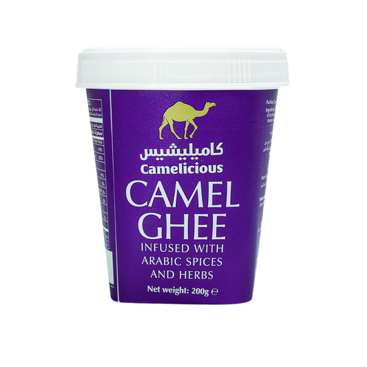 Camelicous Camel Ghee infused with Arabic spices and herbs in a purple 200g container labeled ‘For Export Only’. The product is made from pure camel milk and combines traditional Arabic flavors with premium ghee